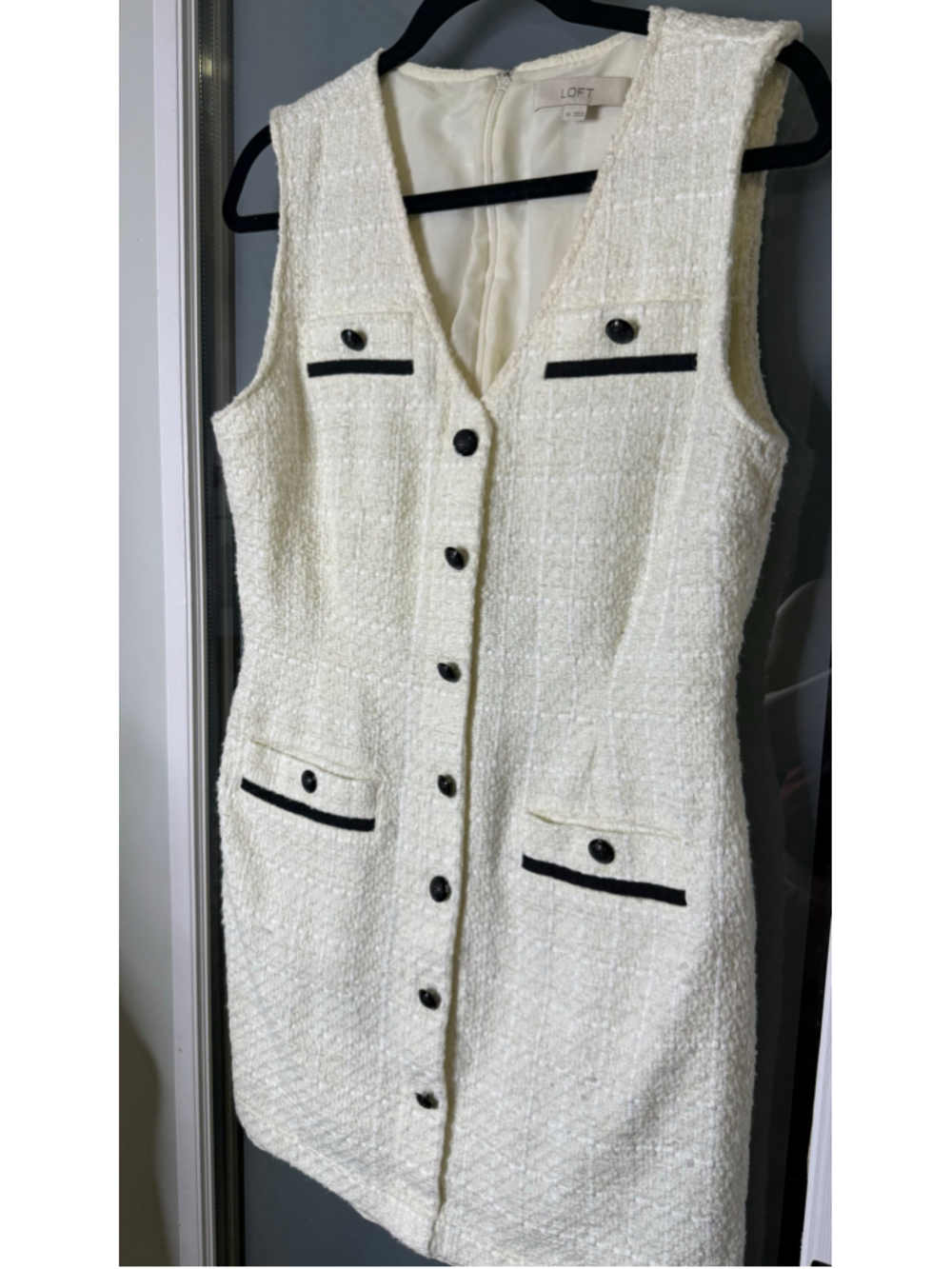LOFT Textured Tweed Button-Front Dress Cream Black - Picture 3 of 11